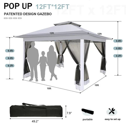 COBIZI Pop-up-Pavillon 12x12 Outdoor-Pavillonüberdachung mit Moskitonetz, Terrassenzelt, Hinterhofüberdachung mit 2-stufiger, belüfteter Oberseite, 3-fach höhenverstellbar und 144 Quadratfuß Schatten, Beige 