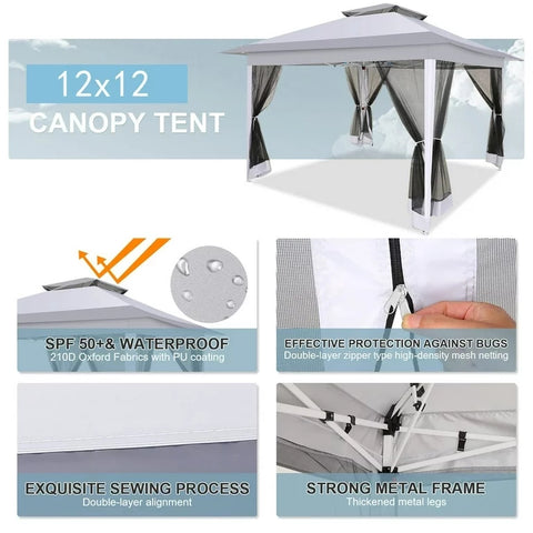 COBIZI Pop-up-Pavillon 12x12 Outdoor-Pavillonüberdachung mit Moskitonetz, Terrassenzelt, Hinterhofüberdachung mit 2-stufiger, belüfteter Oberseite, 3-fach höhenverstellbar und 144 Quadratfuß Schatten, Beige 