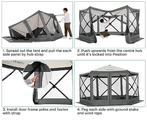 YUEBO 12'x12' Portable Screen House Room, Easy Pop-up Gazebo Outdoor Camping Tent with Carry Bag, Waterproof, UV Resistant, Attached Wind Panels, 8-Person & Table, Gray