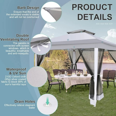 COBIZI Pop-up Gazebo 12x12 Outdoor Gazebo Canopy with Mosquito Netting Patio Tent Backyard Canopy with 2-Tiered Vented Top 3 Adjustable Height and 144 Square Ft of Shade, Beige