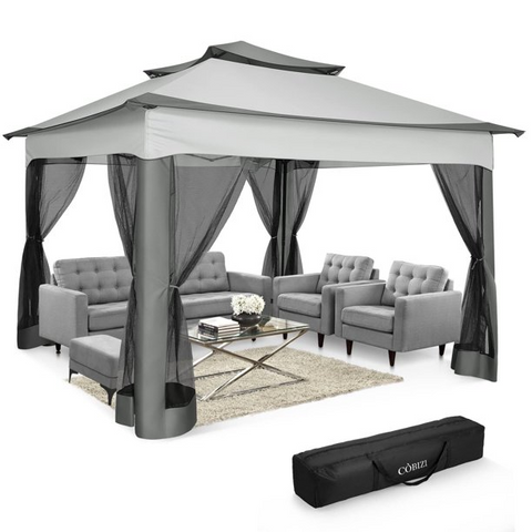 COBIZI Pop-up-Pavillon 12x12 Outdoor-Pavillonüberdachung mit Moskitonetz, Terrassenzelt, Hinterhofüberdachung mit 2-stufiger, belüfteter Oberseite, 3-fach höhenverstellbar und 144 Quadratfuß Schatten, Beige 