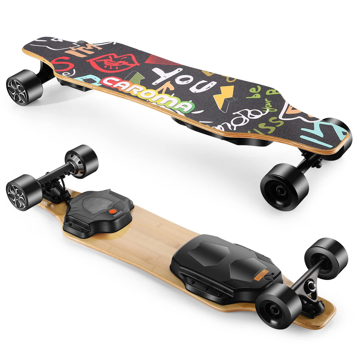 Caroma Elektro-Skateboards mit Fernbedienung, 900-W-Nabenmotor-Elektro-Longboard für Erwachsene und Teenager, 28 MPH Höchstgeschwindigkeit, 22 Meilen maximale Reichweite, Graffiti 