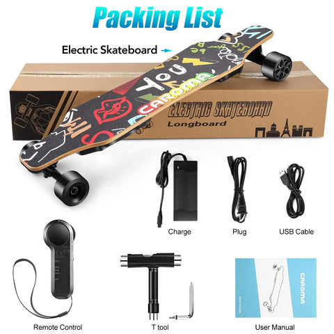 Caroma Electric Skateboards with Remote, 900W Hub-Motor Electric Longboard for Adults Teens, 28MPH Top Speed, 22 Miles Max Range Graffiti