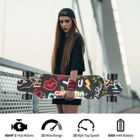 Caroma Elektro-Skateboards mit Fernbedienung, 900-W-Nabenmotor-Elektro-Longboard für Erwachsene und Teenager, 28 MPH Höchstgeschwindigkeit, 22 Meilen maximale Reichweite, Graffiti 