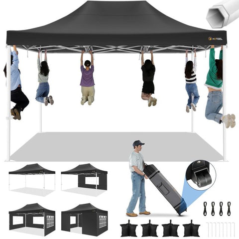 HOTEEL 10x15 Canopy Tent with 4 Sidewalls,Heavy Duty Pop Up Canopy Tent for Parties Wedding,Commercial Canopy with Roller Bag,UV 50+&Upgraded Waterproof,Thickened Legs,Black