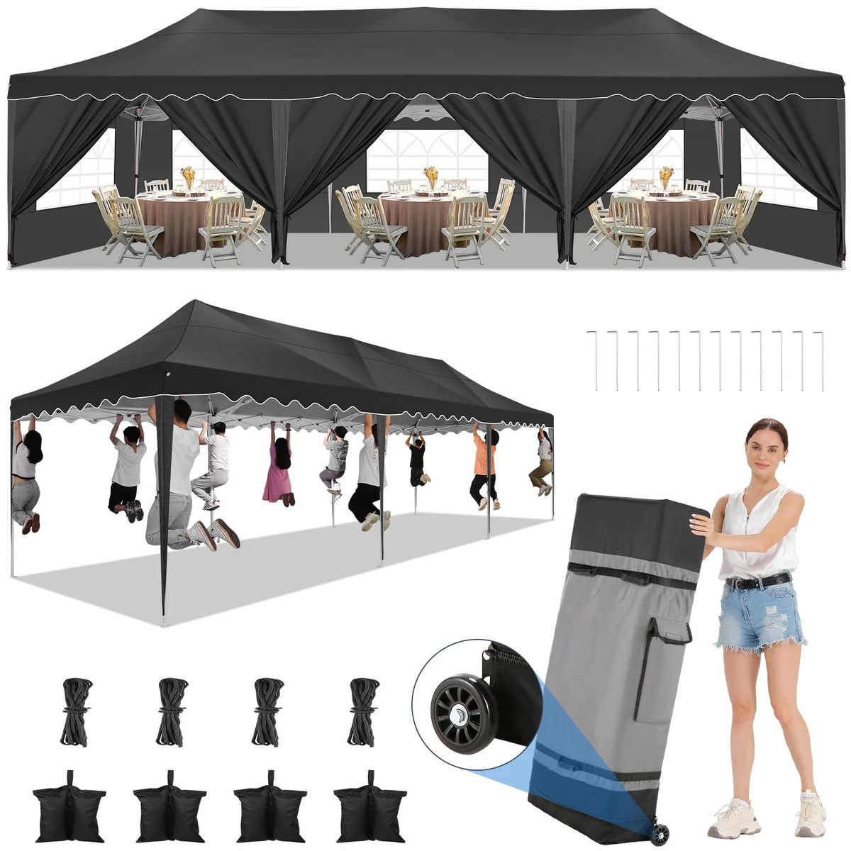 COBIZI 10x30 Pop-up Canopy Tent with 8 Sidewalls,UPF 50+ Windproof 2000+Waterproof Wedding Event Tents for Outdoor Events,Camping,Wedding,Party Parties Canopy with Roller Bag,Black