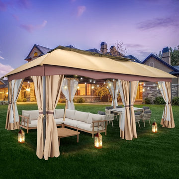Hoteel 12X20 Heavy Duty Gazebo Outdoor Gazebo with Mosquito Netting and Curtains, Canopy Tent Deck Gazebo with Double-Arc Roof Ventiation and Metal Steel Frame Suitable for Lawn, Backyard, Patio,Khaki