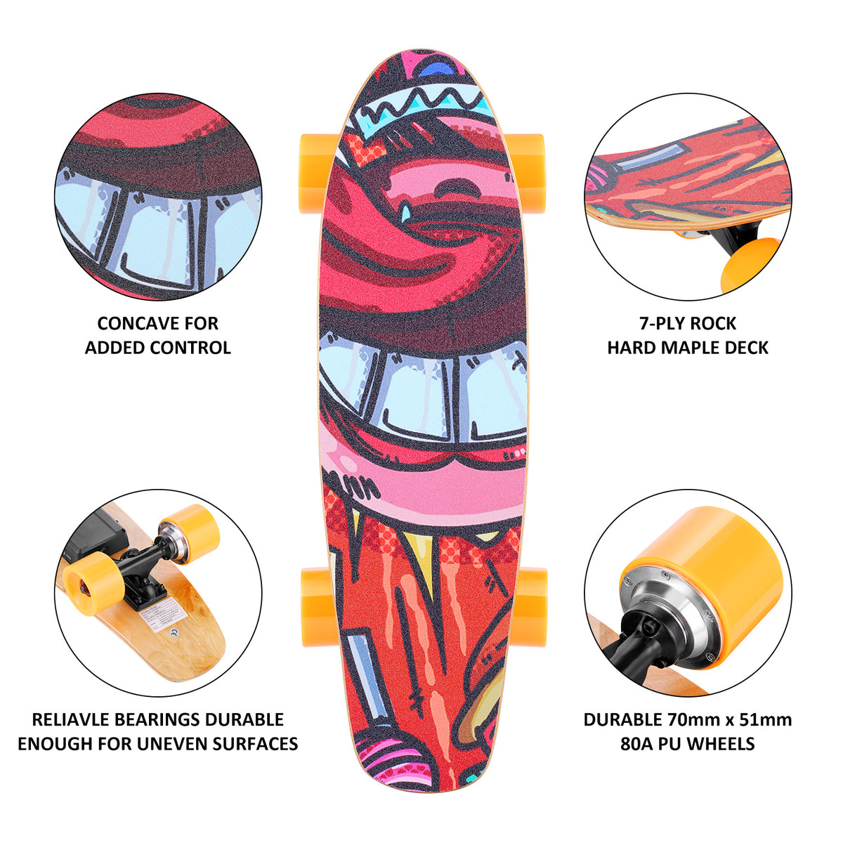 YUEBO Elektro-Skateboard mit kabelloser Fernbedienung, 350 W, max. 12,4 MPH, 7-lagiges E-Skateboard aus Ahornholz, 3 Geschwindigkeitsstufen für Erwachsene, Jugendliche und Kinder, Orange 