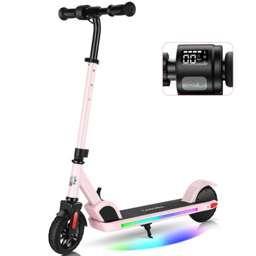 CAROMA Electric Scooter, Foldable Electric Scooter for Kids Ages 8-15, Up to 10 MPH & 7 Miles, LED Display, Colorful LED Lights, Lightweight Kids Electric Scooter, Pink