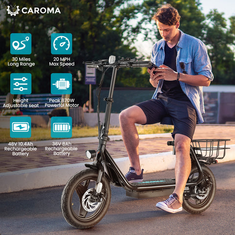 Caroma Peak 870W Electric Scooters for Adults, 14" Fat Tire, 500Wh Battery, 25 Miles Range, 21MPH Top Speed, Foldable Electric Scooter for Commuting