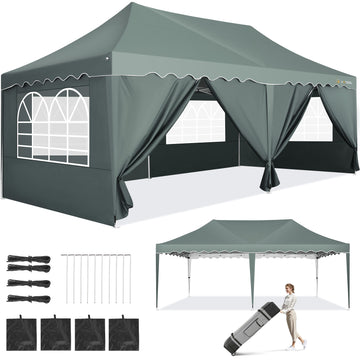 HOTEEL 10x30 Pop Up Canopy Tent with 8 Sidewalls,UPF 50+ Windproof 2000+Waterproof Wedding Event Tents for Outdoor Events,Camping,Wedding,Party Parties Canopy with Roller Bag,Black