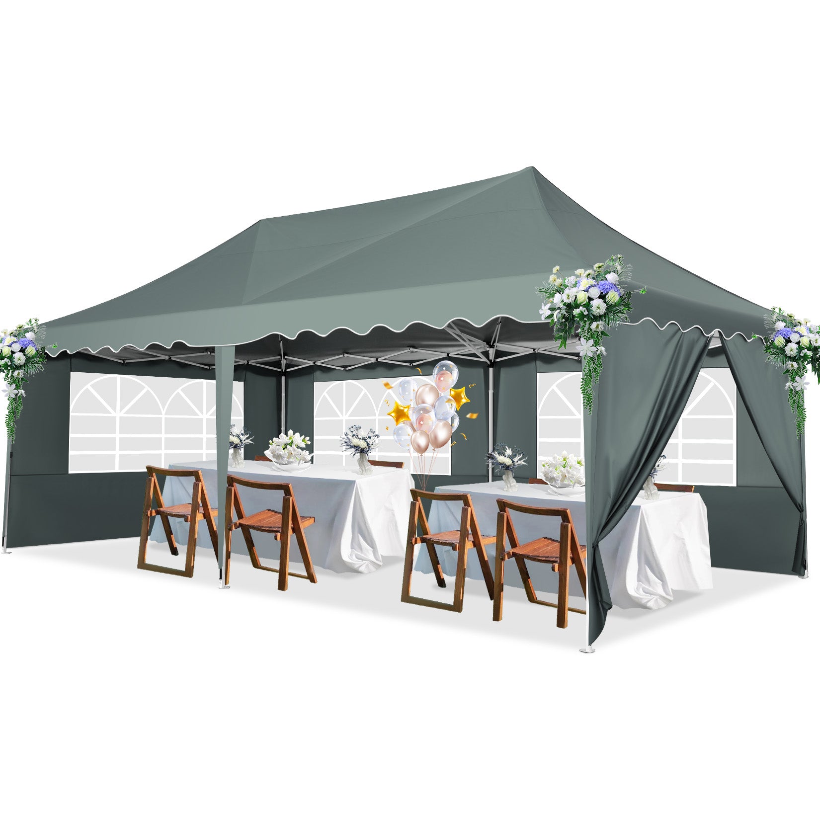 HOTEEL Canopy Tent 10X20 Pop Up Hollow Tent with 6 Removable Side Walls,Outdoor Event Party Canopy,Instant Portable,Suitable for Parties,Weddings,Camping and Beaches,with Wheeled Bag,Grey Green