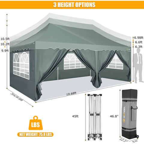 HOTEEL Canopy Tent 10X20 Pop-up Canopy with 6 Removable Sidewalls and Wheeled Bag& Curled Edge ,Outdoor Event Instant and Portable Tents,for Parties, Weddings, Camping and Beaches,Grey Green