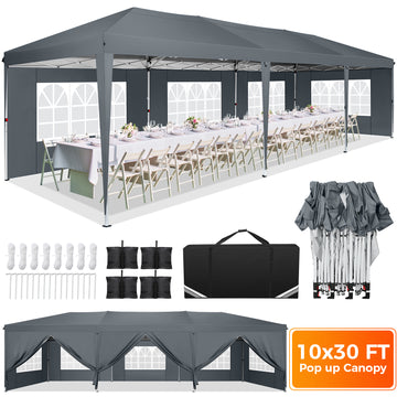 COBIZI 10x30 Pop up Canopy with Sidewalls Waterproof Canopy Tent for Outside Party Event Commercial Market Outdoor Patio Gazebo with Carry Bag,Gray