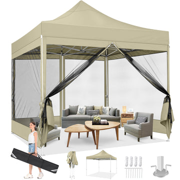 COBIZI 10X10 Heavy Duty Pop up Canopy with Mosquito Net,Instant Outdoor Shelter Large Canopy Tent for Outside,Gazebo with Mesh Sidewalls for Party,Backyard,Camping,Khaki