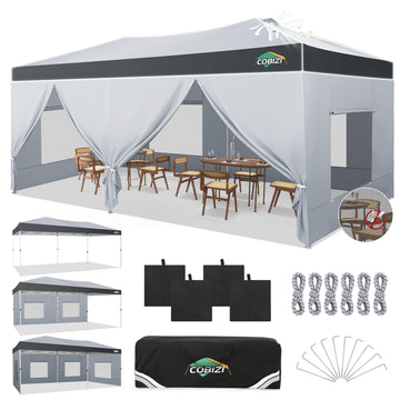 COBIZI 10x20 Pop Up Canopy Tent with Sidewalls, One Push Setup, Waterproof Party Tents for Party, Event, Commercial, Wedding, UPF 50+, with Air Vent, Mesh Windows, Carry Bag, SandBags, Silver-DimGray
