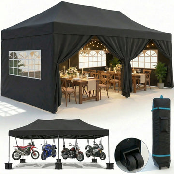 COBIZI 10x20 Heavy Duty Pop up Canopy Tent with 6 sidewalls Easy Up Commercial Outdoor Canopy Wedding Party Tent for Beach All Season Wind & Waterproof Gazebo with Roller Bag,Black(Frame Thickened)