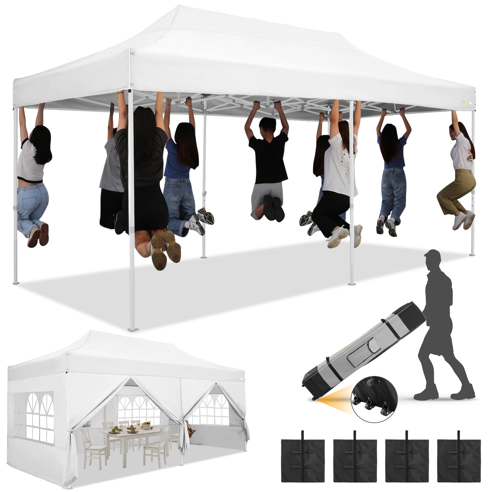 HOTEEL Canopy Tent 10x20 Pop Up Heavy Duty Canopy Tent with 6 Removable Sidewalls,Party Tent for Weddings,Beaches,Outdoor Events,Commercial Seasonal Wind UV 50+& Waterproof&Sunburn Protection,White