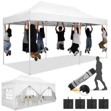 HOTEEL Canopy Tent 10x20 Pop Up Heavy Duty Canopy Tent with 6 Removable Sidewalls,Party Tent for Weddings,Beaches,Outdoor Events,Commercial Seasonal Wind UV 50+& Waterproof&Sunburn Protection,White