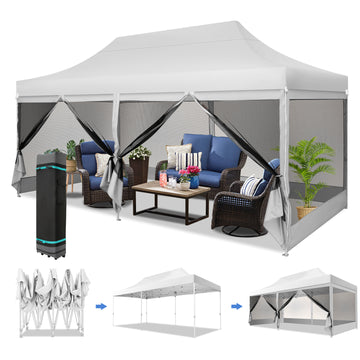 COBIZI 10x20 Heavy Duty Pop up Canopy with Mosquito Net,Instant Outdoor Shelter Large Canopy Tent for Outside,Gazebo with Mesh Sidewalls for Party,Backyard,Camping,White