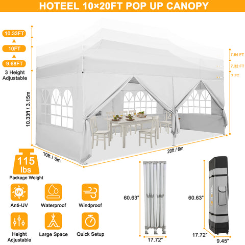 HOTEEL Canopy Tent 10x20 Pop Up Heavy Duty Canopy Tent with 6 Removable Sidewalls,Party Tent for Weddings,Beaches,Outdoor Events,Commercial Seasonal Wind UV 50+& Waterproof&Sunburn Protection,White