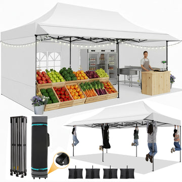COBIZI 10x20 Pop Up Canopy - Heavy Duty Waterproof Tent with Extended Awning,UPF 50+, Instant Set up for Outdoor Events, Weddings & Parties,Includes Roller Bag,White