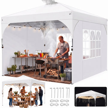 COBIZI 10x10 Pop Up Canopy Tent, Instant Canopy with-Push Center Lock, Air Vent, Removable Sidewalls and Reflective Strips, Outdoor Tent for Party, Camping, Beach, Market,White