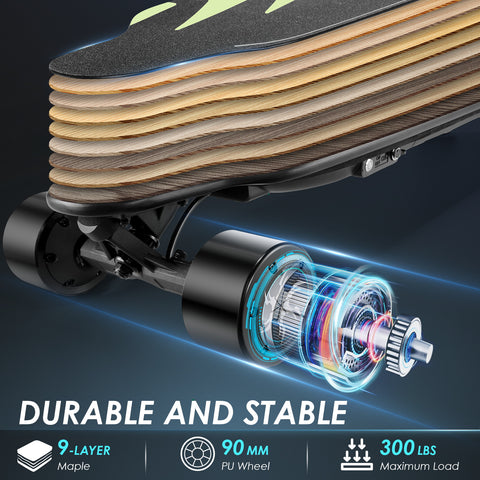 Caroma Electric Skateboard 1200 W Brushless Motor Electric Longboard, 28 Mph Top Speed & 16 Miles Range, Suitable forTeens, 4 Speeds Adjustment, Glow in The Dark