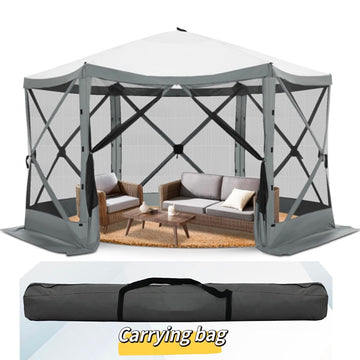 YUEBO 12'x12' Portable Screen House Room, Easy Pop-up Gazebo Outdoor Camping Tent with Carry Bag, Waterproof, UV Resistant, Attached Wind Panels, 8-Person & Table, Gray