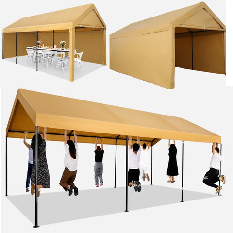 YUEBO Carport 10'x20' Large Heavy Duty Car Tent with Powder-Coated Steel Frame, Portable Garage with Removable Sidewalls & Doors, Car Canopy with All-Season Tarp for Party, Garden, Beige Yellow
