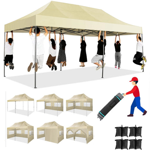 YUEBO 10 x 30 robustes Vordach mit 8 Seitenwänden, Outdoor-Carport mit Rolltasche, Pop-Up-Zelte für Partys, Hochzeiten, Gewerbe, Schwarz