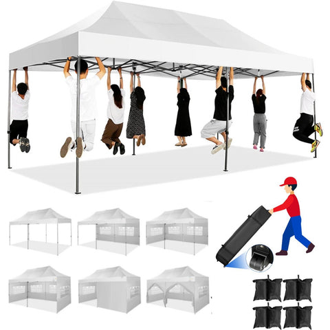 YUEBO 10 x 30 robustes Vordach mit 8 Seitenwänden, Outdoor-Carport mit Rolltasche, Pop-Up-Zelte für Partys, Hochzeiten, Gewerbe, Schwarz