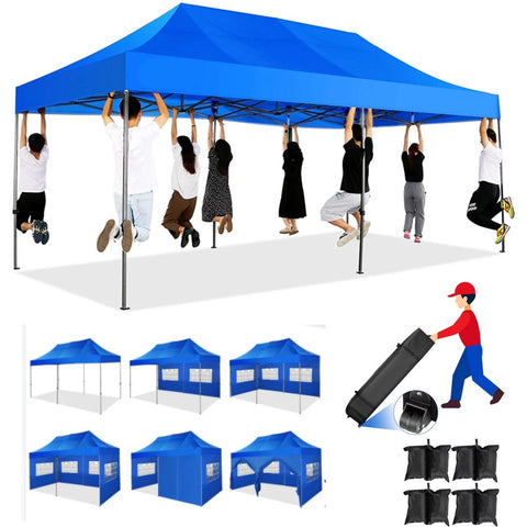 YUEBO 10 x 30 robustes Vordach mit 8 Seitenwänden, Outdoor-Carport mit Rolltasche, Pop-Up-Zelte für Partys, Hochzeiten, Gewerbe, Schwarz