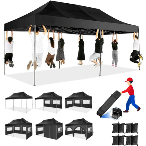 YUEBO 10 x 30 robustes Vordach mit 8 Seitenwänden, Outdoor-Carport mit Rolltasche, Pop-Up-Zelte für Partys, Hochzeiten, Gewerbe, Schwarz