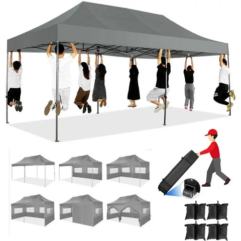 YUEBO 10 x 30 robustes Vordach mit 8 Seitenwänden, Outdoor-Carport mit Rolltasche, Pop-Up-Zelte für Partys, Hochzeiten, Gewerbe, Schwarz