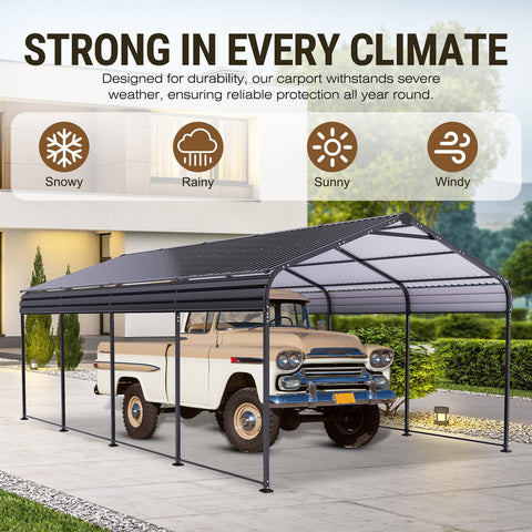 COBIZI 12x21 Heavy Duty Metal Carport with Galvanized Steel Roof, Steel Carport Kits Outdoor with Metal Roof, Galvanized Car Shelter for Tractors, Pickup, Boat, Car, Black