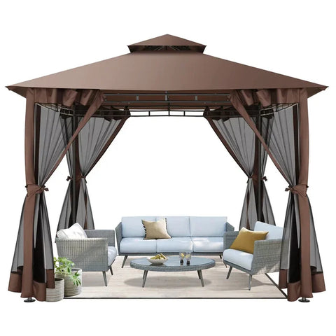 COBIZI Outdoor Gazebo,10x10 Patio Canopy with Mosquito Netting,Shade Tent for Party, Backyard, Deck, Patio Lawn & Garden,Complete Gazebo Canopy with Steel Frame Double Roof Tops,Brown