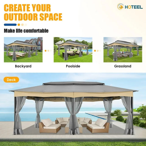COBIZI 12x20 Outdoor Gazebo with Mosquito Netting Large Backyard Gazebo Tents for Patio, Deck, Party, Backyard with Double Roof Soft Top Screen Gazebo with Metal Steel Frame for Outside, Gray