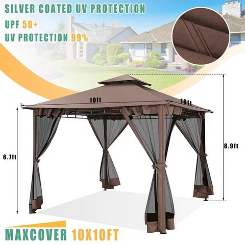 COBIZI Outdoor Gazebo,10x10 Patio Canopy with Mosquito Netting,Shade Tent for Party, Backyard, Deck, Patio Lawn & Garden,Complete Gazebo Canopy with Steel Frame Double Roof Tops,Brown