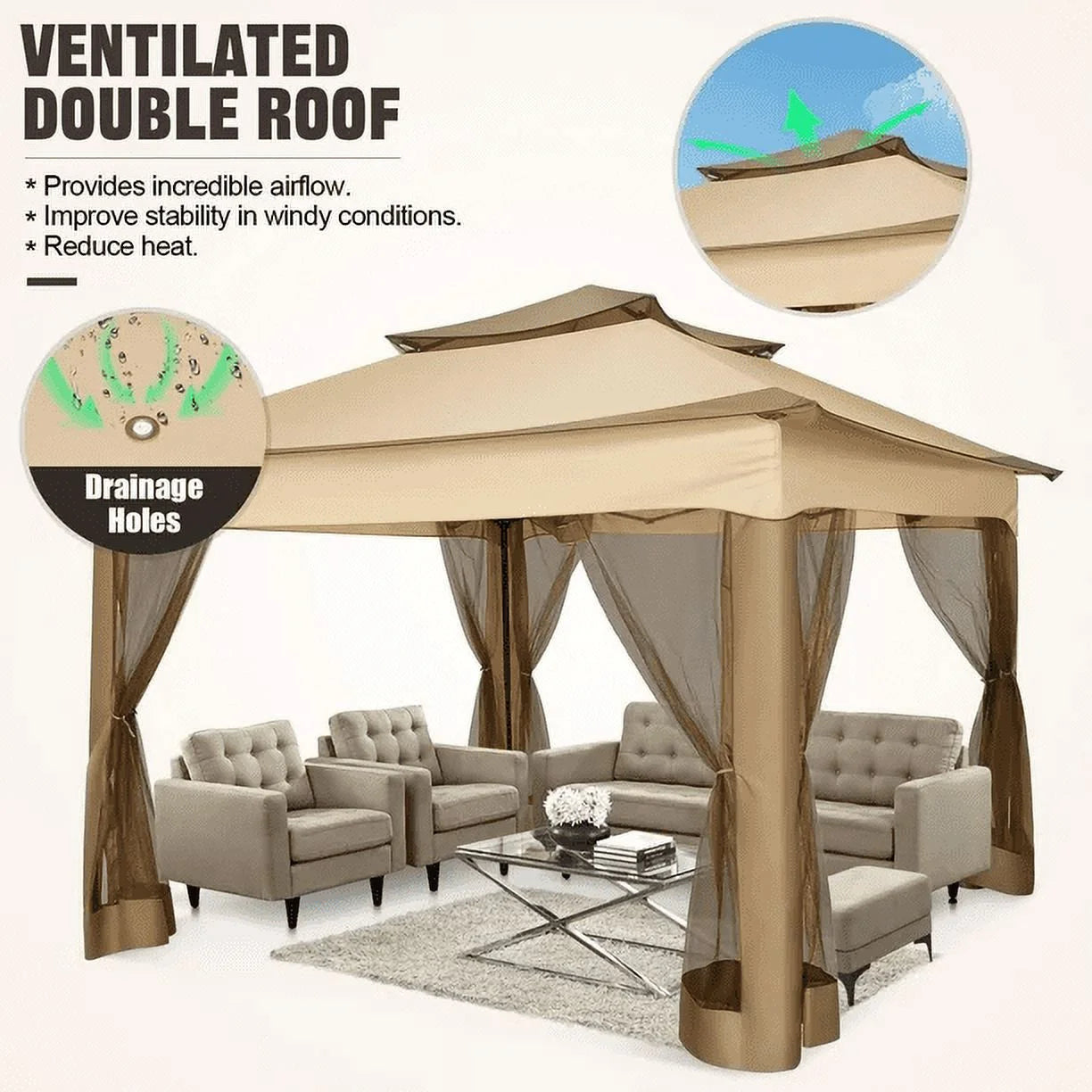 COBIZI Outdoor Canopy Gazebo 11x11 Pop-up Gazebo Patio Gazebo with Mosquito Netting Outdoor Canopy