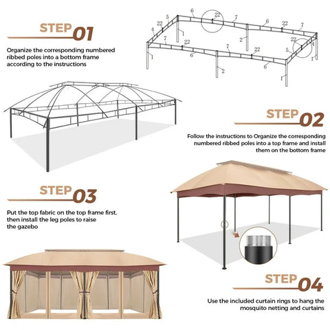 COBIZI Heavy Duty 12x20 Metal Patio Gazebo Outdoor Gazebo Canopy Tent with 6 Mosquito Netting and Curtains Gazebos Shelter 100% Waterproof with Double Roof for Party, Backyard, Deck, Garden, Khaki