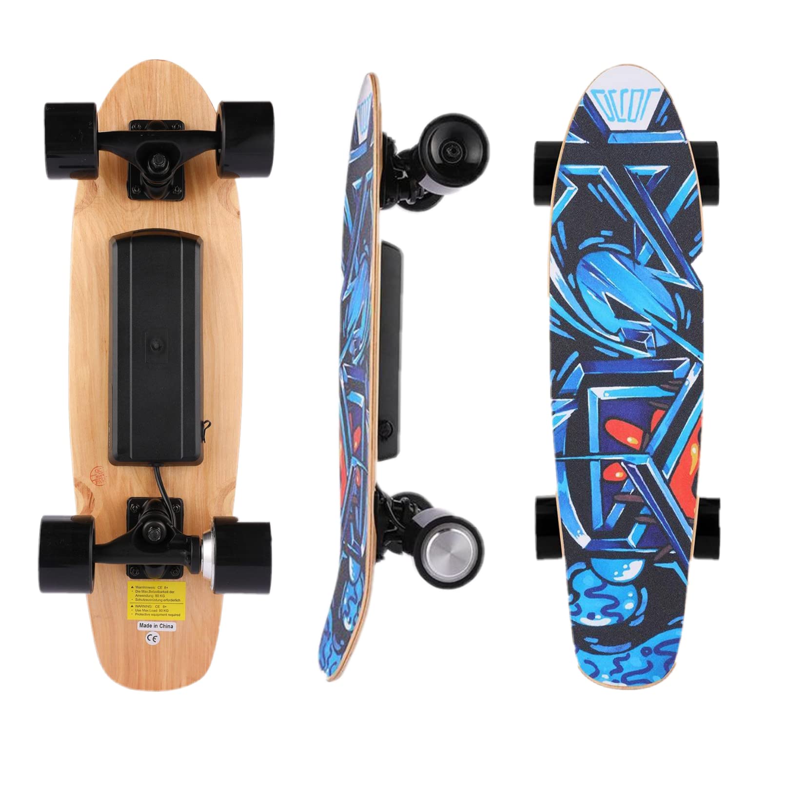 YUEBO Electric Skateboard with Wireless Remote Control, 350W, Max 12.4 MPH, 7 Layers Maple E-Skateboard, 3 Speed Adjustment for Adults, Teens, and Kids, Blue