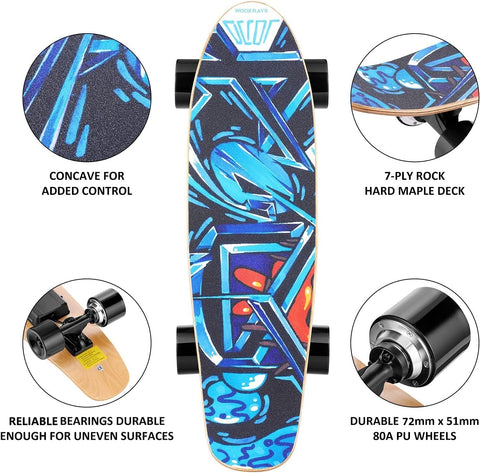 YUEBO Electric Skateboard with Wireless Remote Control, 350W, Max 12.4 MPH, 7 Layers Maple E-Skateboard, 3 Speed Adjustment for Adults, Teens, and Kids, Blue