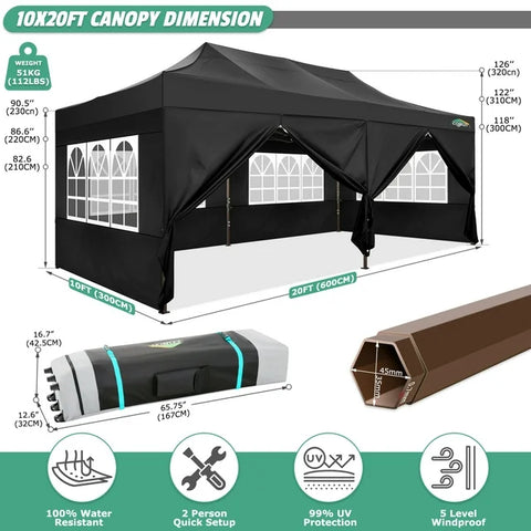COBIZI 10x20 Pop Up Canopy Tent Heavy Duty with 6 Removable Sidewalls,Commercial Heavy Duty Pop Up Tent for Parties All Weather Waterproof and UV 50+ Wedding Tent with Roller Bag(Black)