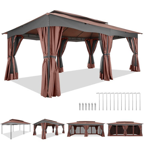 COBIZI 12x20 Heavy Duty Canopy Gazebo Outdoor Gazebo with 6 Netting and Curtains 100% Waterproof Party Wedding Tents with Double Roof and Metal Steel Frame for Backyard, Patio, Lawn, Garden, Brown