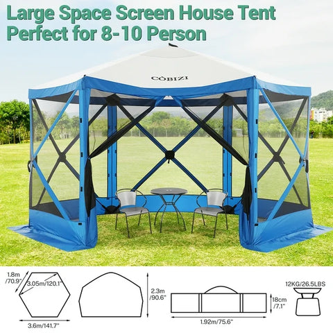 COBIZI 12'x12' Pop-up Gazebo Canopy Portable Screen House Room, Easy Pop-up Gazebo Outdoor Camping Tent with Carry Bag, Waterproof, UV Resistant, Attached Wind Panels, 8-Person & Table, Cerulean Blue