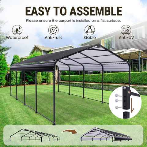 COBIZI 12x21 Heavy Duty Metal Carport with Galvanized Steel Roof, Steel Carport Kits Outdoor with Metal Roof, Galvanized Car Shelter for Tractors, Pickup, Boat, Car, Black