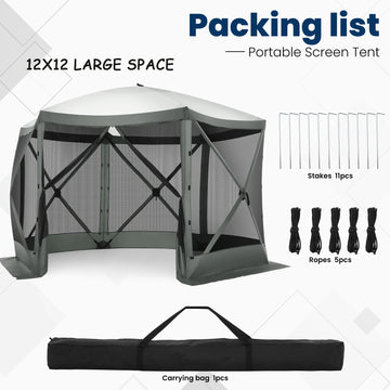 COBIZI 12'x12' Pop-up Gazebo Outdoor Camping Tent with 6 Sides Mosquito Netting, Waterproof, UV Resistant, Portable Screen House Room, Easy Set-up Party Tent with Carry bag, Ground Spike, Gray