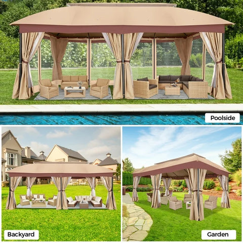 COBIZI Heavy Duty 12x20 Metal Patio Gazebo Outdoor Gazebo Canopy Tent with 6 Mosquito Netting and Curtains Gazebos Shelter 100% Waterproof with Double Roof for Party, Backyard, Deck, Garden, Khaki