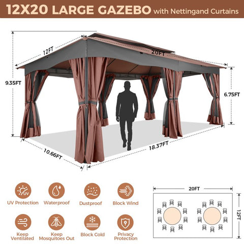 COBIZI 12x20 Heavy Duty Canopy Gazebo Outdoor Gazebo with 6 Netting and Curtains 100% Waterproof Party Wedding Tents with Double Roof and Metal Steel Frame for Backyard, Patio, Lawn, Garden, Brown